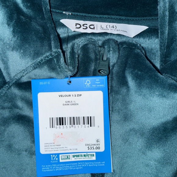 DSG Girls Velour 1/2 Zip Pullover Sweatshirt Dark Green Size L 14 NWT - Picture 2 of 4